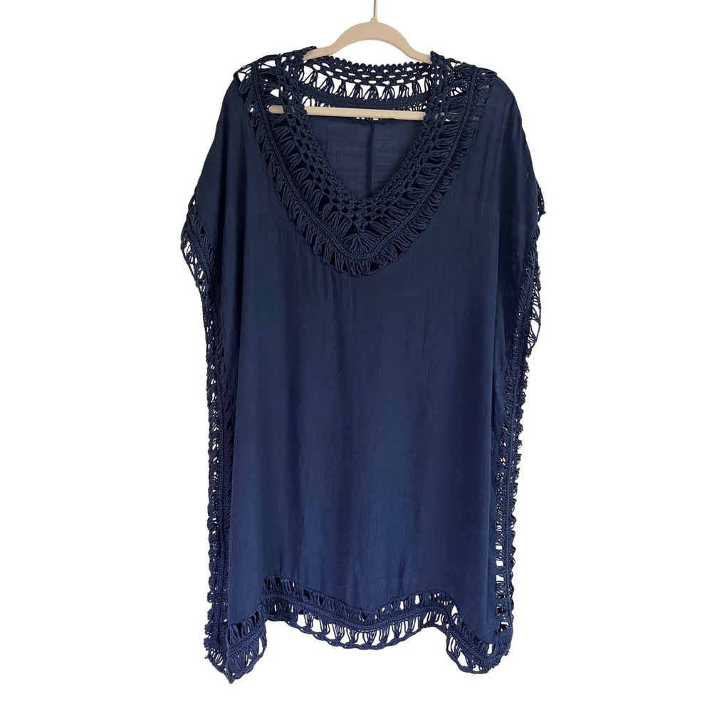 Navy Blue Crochet Bohemian Beachy Swim Cover Up V-Neck Beach Dress Size 1X